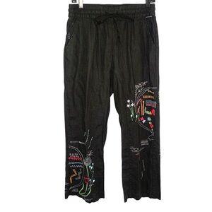 Pete & Greta Johnny Was XS Black Colorful Embroidered Pull On 100% Linen Pants
